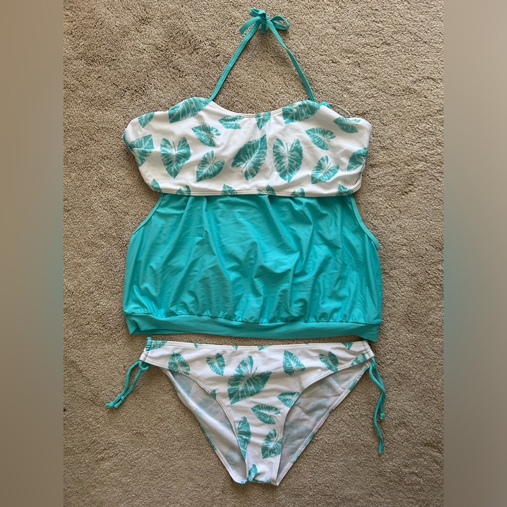 Swimsuit Plus Rosegal Size 2 XL Swimwear Top Plant Print W/turquoise Tank